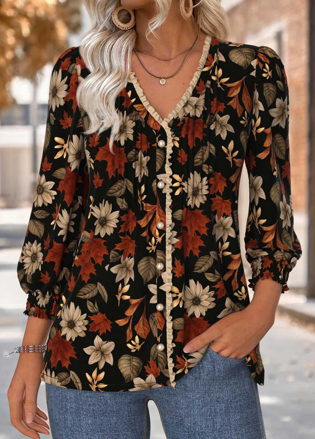 Black Tummy Coverage Floral Print Long Sleeve Blouse